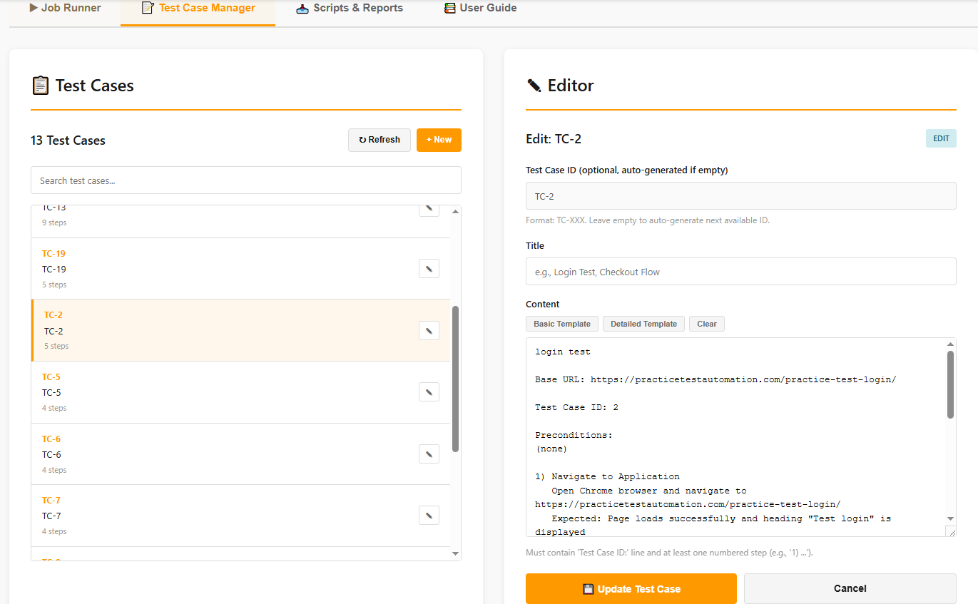 Web UI - Test Case Manager Overview